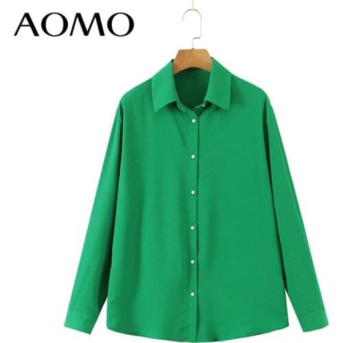 AOMO Women Vintage Green Solid Shirt Long Sleeve 2021 Chic Female Casual Loose Shirt SL360A