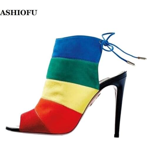 ASHIOFU Handmade Women High Heel Sandals Rainbow Colors Patchwork Party Prom Dress Shoes Lace-up Slingback Evening Fashion Shoes