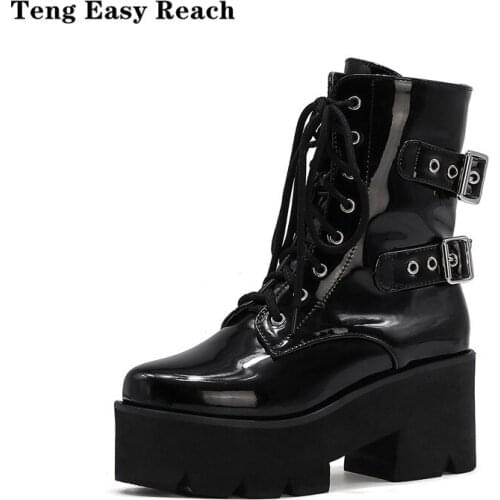 2020 Womens Boots Fashion Motorcycle Boots Women Platform Heels Casual Shoes Lacing Round Toe Shoes Ladies Autumn Boots Black