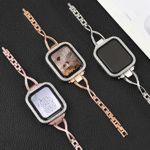 Woman Stainless Steel Bracelets For Apple Watch Band Ladies 40mm 44mm on iWatch Series 6 Se 54321 Diamond 38mm/42mm Strap+Case