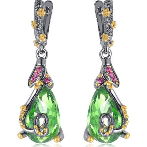 CIZEVA 2021 Vintag Black Gold Color Statement Earrings Womens Green Zircon Crystal Drop Earrings Hanging Anniversary Jewelry