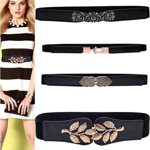 Women Fashion Thin Flower Waistbands For Dress Gold Alloy Buckle Cummerbunds HOT Elastic Waist Belts Stretch Corset Dropshipping