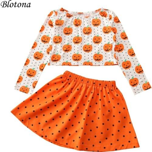 Blotona Kids Halloween 2Pcs Outfits, Pumpkin Dots Print O-Neck Long Sleeves Crop Tops + Elastic Waist Short Skirt for Girls