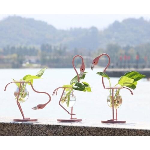 3 Styles Flamingo Hydroponic Vase Wrought Iron Glass Container Ornament for Home Office decor