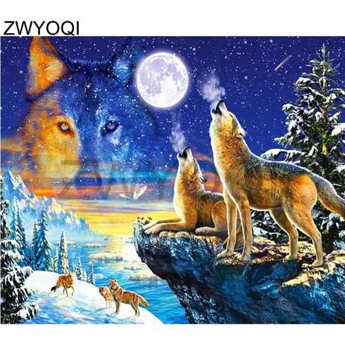 5DDIY Diamond embroidery Full Round Diamond painting Cross stitch Wolf moon animal Full Square Diamond mosaic Wolf moon animal
