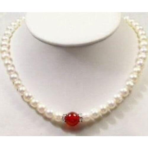 Free Shipping >> 7-8mm Natural White Akoya Cultured Pearl/10mm Red Beads Pendant necklace