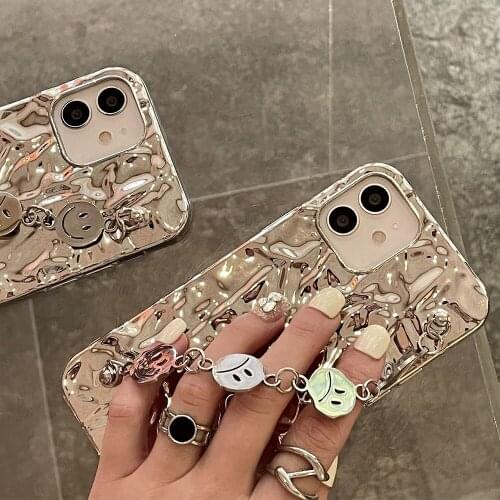 Plating Fold Funny Smiley Wrist Chain Case for iphone 12 11 Pro Max XR XSMAX 7 8 Plus SE 2020 Soft IMD Hanging Strap Cases Cover