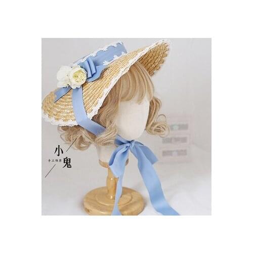 Elegant Flat Hat Handwork Hair Ornaments Cosplay Lolita Lace Cute Bowknot Flower Straw Hat Headdress Girls Flat Top Sunshade