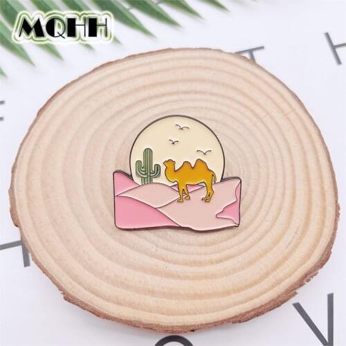 Cartoon Fun Pink Landscape Picture Enamel Pins Desert Cactus Camel Alloy Brooch Badge Accessories Woman Jewelry Gift For Friends