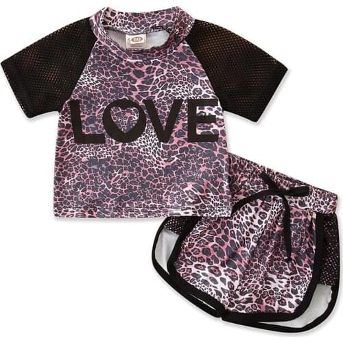 2Pcs Toddler Summer Outfit, Leopard Print Stand Collar Short Sleeves T-Shirt + Shorts for Girls, 9 Months to 5 Years