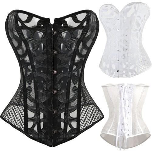 Black White Womens Sexy Lace up Boned Overbust Corsets And Bustiers Top Waist Cincher Shaper Plus Size S-6XL