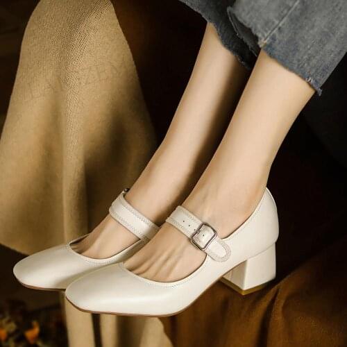 LAIGZEM FASHION Wome Pumps Genuine LEATHER Mary Janes Chunky Block Heels Sandals 2021 Party Dress Shoes Woman Size 33 41 42 43