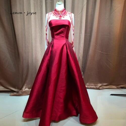 Lemon joyce Prom Dresses 2020 with Long Sleevs High Neck See-Through with Beaded Floor Length Formal Evening Dress Party Gowns