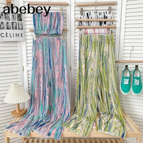 Fashion sleeveless short Strapless Vest Top + high waist pleated tie dye casual wide leg plaid Pants 2-piece set 2021 New Summer