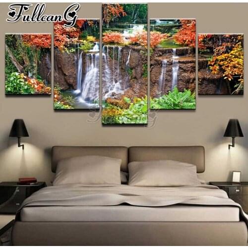 FULLCANG Colorful forest waterfall diy 5 piece diamond painting rhinestone full square round drill mosaic embroidery kit FC2386
