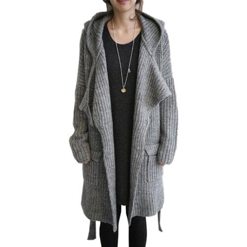 New hooded knit sweater cardigan jacket women autumn winter thicken long sleeve loose sweaters belt slim coarse string coat 3207