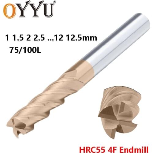 OYYU HRC55 4 Flute Carbide Lengthen End Mills 75 100 Long CNC Milling Cutter 1mm 1.5mm 2mm 2.5mm Tungsten Steel Endmill