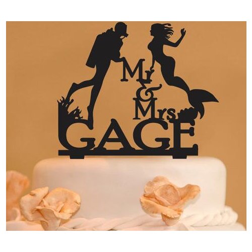Personalized name Scuba Diver and Mermaid wedding Cake Toppers bride groom engagement bridal shower party decorations