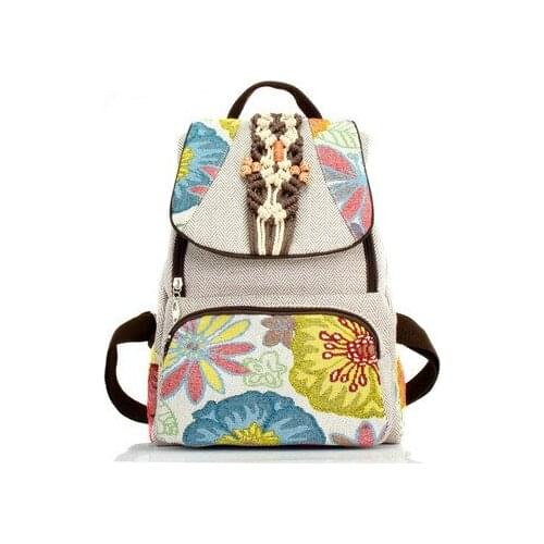 Hot national string appliques shopping Zipper&hasp backrack!Nice bohemian prints lady casual backruck All-match canvas backpacks