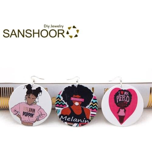 SANSHOOR African Melanin Poppin Woman Wood Dangle Earrings Love My AFRO Halloween Jewelry For Women Christmas Gifts 6Pairs