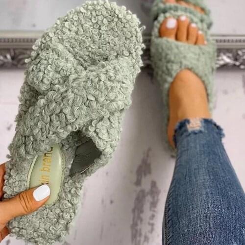 Big Size 2021 Women Slippers Fur Slides Home Color Flip Flops House Ladies Flats Shoes Female Winter Warm Slippers For Woman