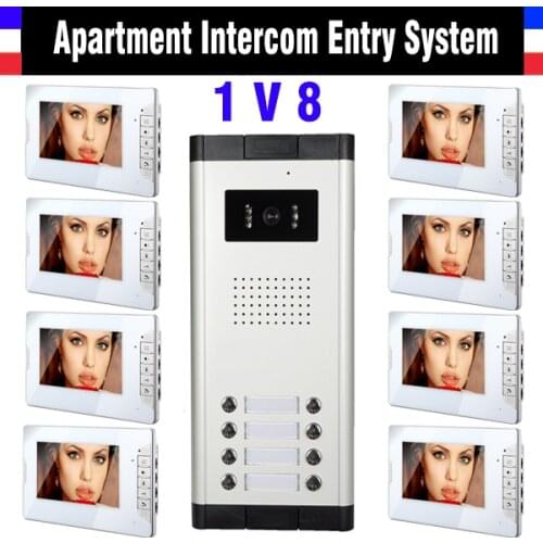 8 Units Apartment Intercom System 7 Inch Monitor Video Intercom Doorbell Apartment intercom kit IR Night Version Camera