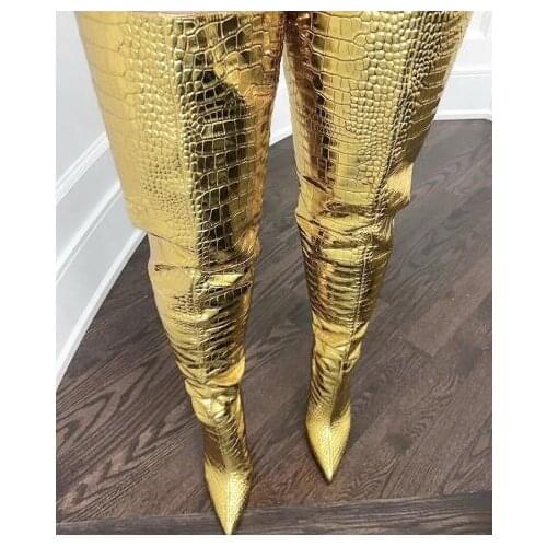 Hot Gold Crocodile Leather Long Boots Sexy Pointed Toe Stiletto Heel Over the Knee Stage Performance Thigh Boots Drop Shipping