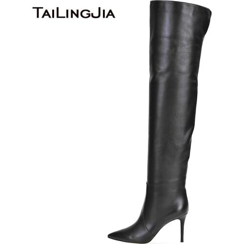 Women Pointy Toe High Heel Over The Knee High Boots Black Tube Shaft Tall Boots Ladies Winter Shoes Slip on Long Botas Plus Size