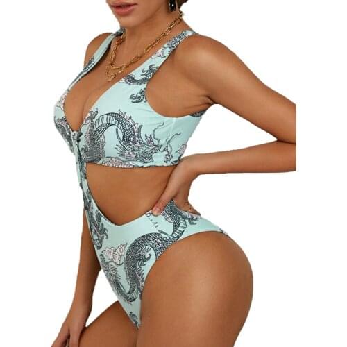 Women Hollow Out Swimsuit Bikini Romper Backless Off-Shoulder No-Sleeve Chinese Loong Printed Beachwear