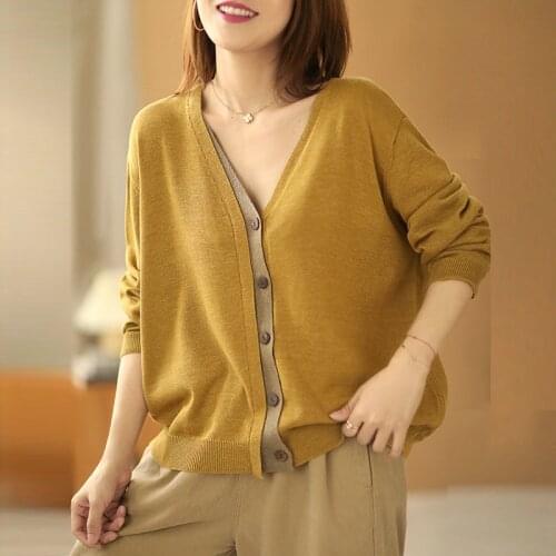 NINI WONDERLAND 2021 Autumn Loose Korean Style Cotton Knit Sweater Cardigan Coat Women Long Sleeve V Neck Contrast Casual Coats