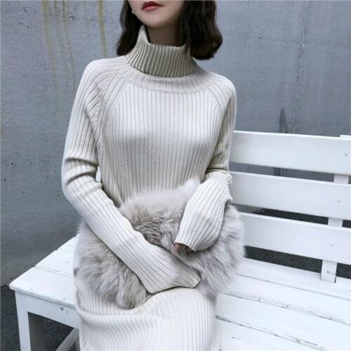 2020 Women Autumn Winter Turtleneck Full Sleeve Long Knitted Dress Straight Pullover Sweater Dresses Slim Cut