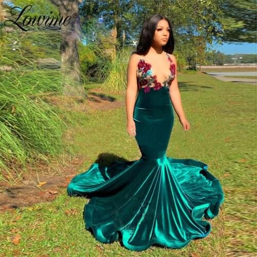 African Prom Dresses Long Mermaid Sexy Party Dress Vestido De Festa 2020 Backless Deep V Neck Velvet Pageant Evening Gowns Robes