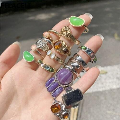 2021 Summer Vintage 8Pcs/Set Fairy Friends Colorful Stone Metalic Fashion Finger Rings Korea Hit Rings for Women Girl Party Gift