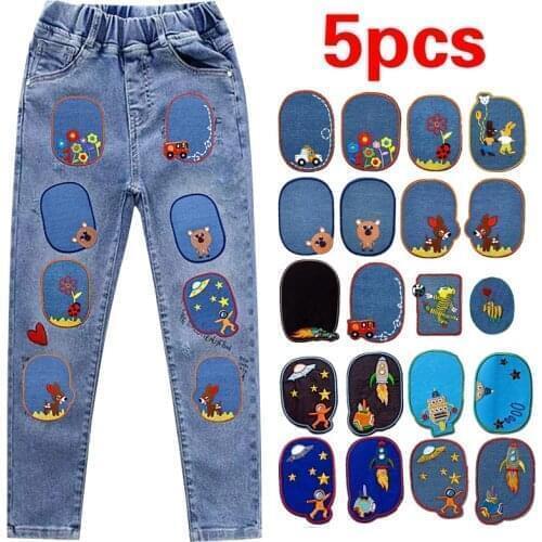 5Pcs Sewing Repair Elbow Knee Patches Iron On Patch For Clothing Jeans Stripes Stickers Embroidered Badge Children Cloth