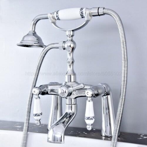 Bathroom Polished Chrome Telephone Bathtub Faucet Mixer Tap w/ Hand Shower Bath Shower Tub Faucet Dual Handles ztf767