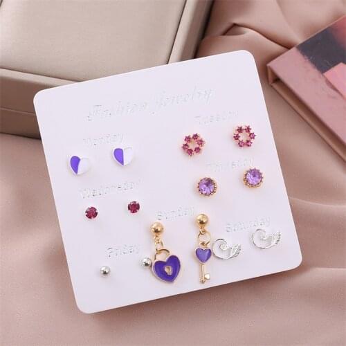 HTZZY [7 Pairs] One Week Earrings for Women New Fashion Red Purple Key Lock Heart Earrings Geometric Crystal Stud Earrings Set