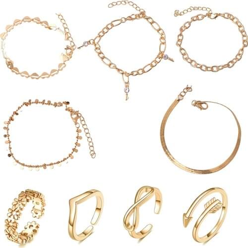 9PCS Foot Jewelry Adjustable Open Anklet Toe Rings Set Heart 14K Gold Color Chain Gold Color Ring Summer Beach Jewelry