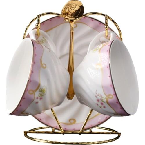 Creative Pink Coffee Cups Ceramic Gold Rim European Tea Cup Saucer Set Holde Luxury Figt Utensil Cup Tazzine Eco Cup AC50BD