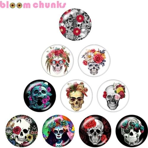 Skull flower punk 12mm/18mm/20mm/25mm Round glass cabochon flat back Making snap button jewelry B5724
