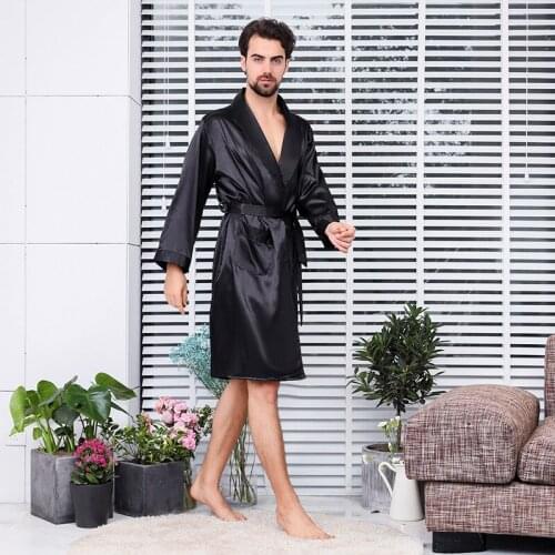 Men Single Silk Nightgown Summer Thin Long-Sleeved Sleepwear Oversized Black Robe Bathrobe Cardigan Casual Home Clothing Халат