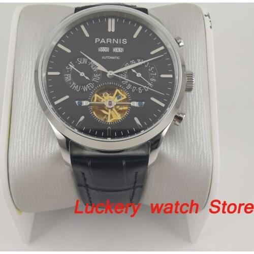 Parnis 43mm Automatic mechanical watches black dial year month week date Multifunction Automatic mens watches PA122