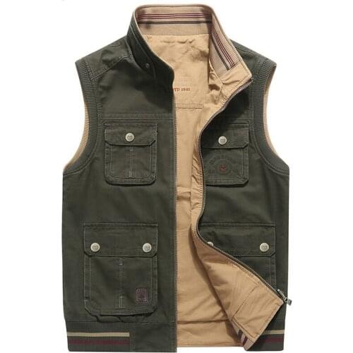 Autumn Vest Men Double Sides Wear Casual Cotton Stand Collar Waistcoat Men Multi-pockets Photography Vest Men Korean Clothes