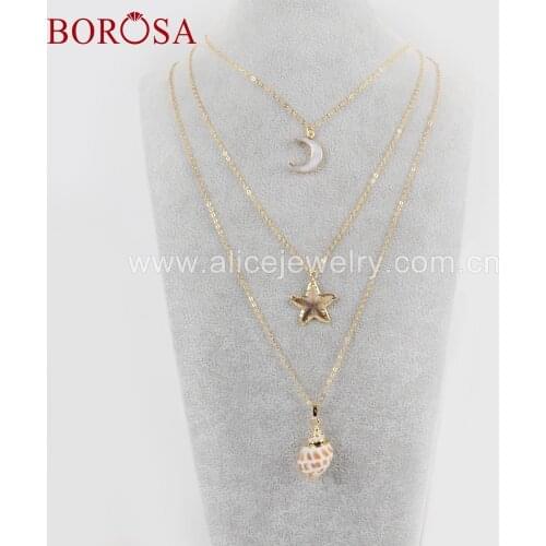 BOROSA new 3Pcs 26" Gold edge Natural shell layer necklaces White Moon Shell Starfish Conch Shell Necklace gift for lady G1680