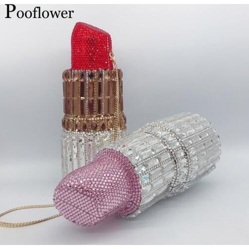 Pooflower Lipstick Pattern Diamond Clutch Bag For Women Chains Small Crystal Evening Bags Wedding Party Rhinestone Handbag ZH390