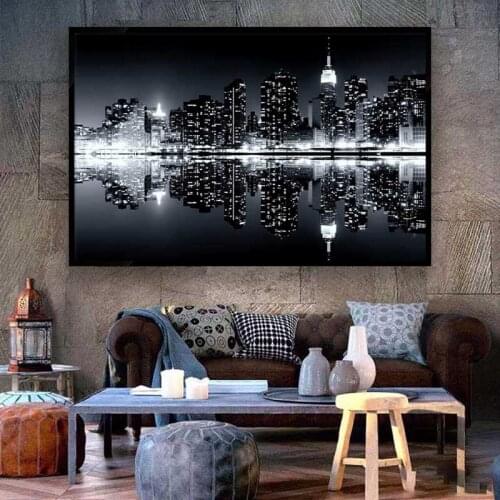 Modern black and white wall art skyscraper night scene painting canvas poster print New York City Manhattan home decor picture