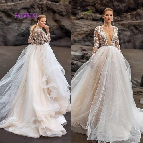 New arrival Gorgeous Appliques Chapel Train Lace Wedding Dress 2021 Sexy Scoop Neck Long Sleeve Beaded Princess Bride Gown