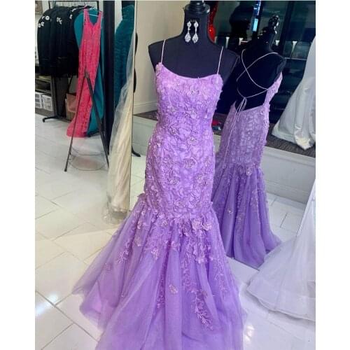 Light Purple Prom Dress 2021 Lace Tulle Sexy Mermaid Formal Evening Gowns Spaghetti Neck Lace-Up Back Order-to-Made