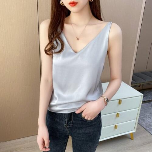 Spaghetti Strap Top Camisole Womens Summer V-neck Sleeveless Outer Suit with Real Silk Tank Satin Slim Bottoming Shirt Plus Siz