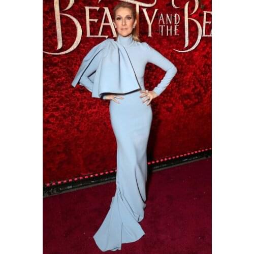 Long Sleeve Stretchy White Celebrity Dresses with Drapped Ruffles Mermaid Robe De Soiree Floor Length Hhigh Neck Formal Dresses