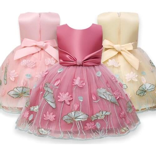 Kids Evening Dresses 2021 New Sleeveless Lotus Embroidered Lace Baby Girl 1 Year Birthday Party Dress For Girls Princess Dresses